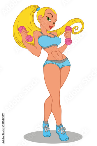 Athletic sexy girl with dumbbells