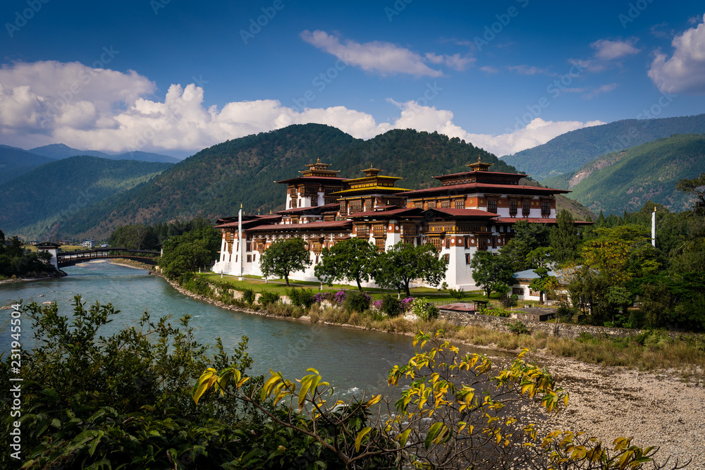 The Punakha Dzong, also known as Pungtang Dewa chhenbi Phodrang. Punakha, Bhutan, Himalayan Country, Himalayas, Asia, Asian.