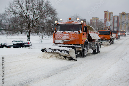 snowplough, snowplows, snow removal on the streets, KAMAZ removes snow, cleaning roads during snowfall, clearing the road of snow