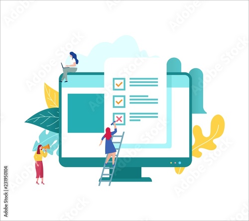 online form survey vector illustration concept , people fill online form survey, showing quiz exam on monitor with paper sheet, can be use for landing page, web ui, banner, poster, template, flyer
