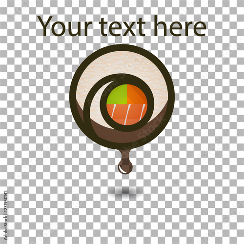 Sushi roll logotype with solomon,carrot and avocado dipped in soy sauce