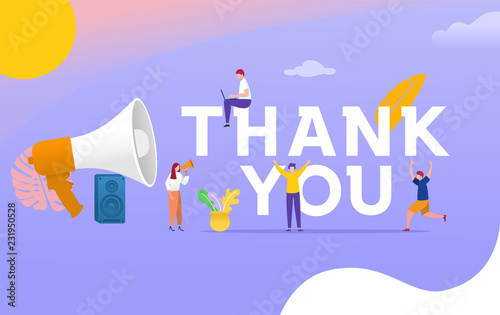 Thank you word, people shouting on megaphone   with thank you word vector illustration concept, can use for, landing page, template, ui, web, mobile app, poster, banner, flyer