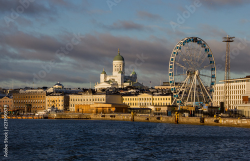 The skyline of the capital Helsinki on a sunny day, Finland. View from the ocean on the Finnish Evangelical Lutheran cathedral.