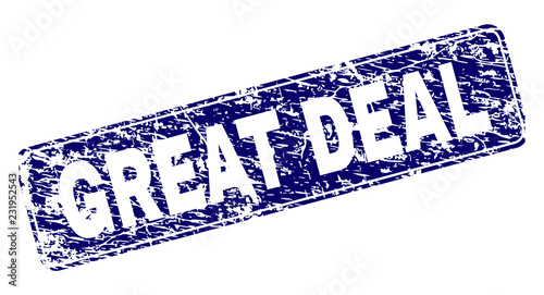GREAT DEAL stamp seal print with distress texture. Seal shape is a rounded rectangle with frame. Blue vector rubber print of GREAT DEAL label with dirty texture.