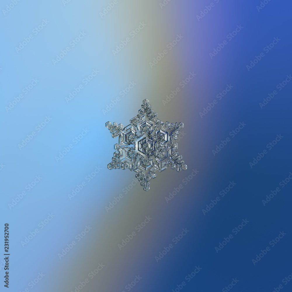 Snowflake glittering on blue gradient background. Macro photo of real snow crystal: elegant star plate with fine hexagonal symmetry, short ornate arms, glossy relief surface and complex inner pattern. Snowflake glittering on blue gradient background. Macro photo of real snow crystal: elegant star plate with fine hexagonal symmetry, short ornate arms, glossy relief surface and complex inner pattern.