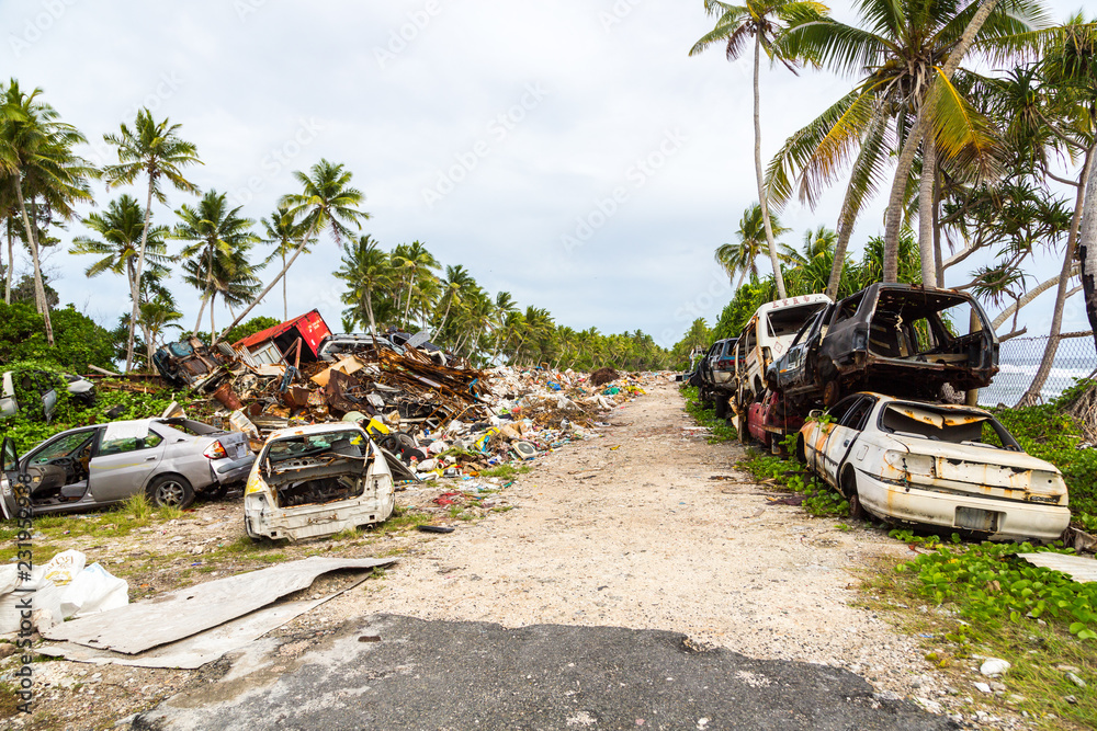 Garbage dump, landfill, Tuvalu, Polynesia, Oceania. Ecological and garbage management problems of island nations. Pollution and global warming.