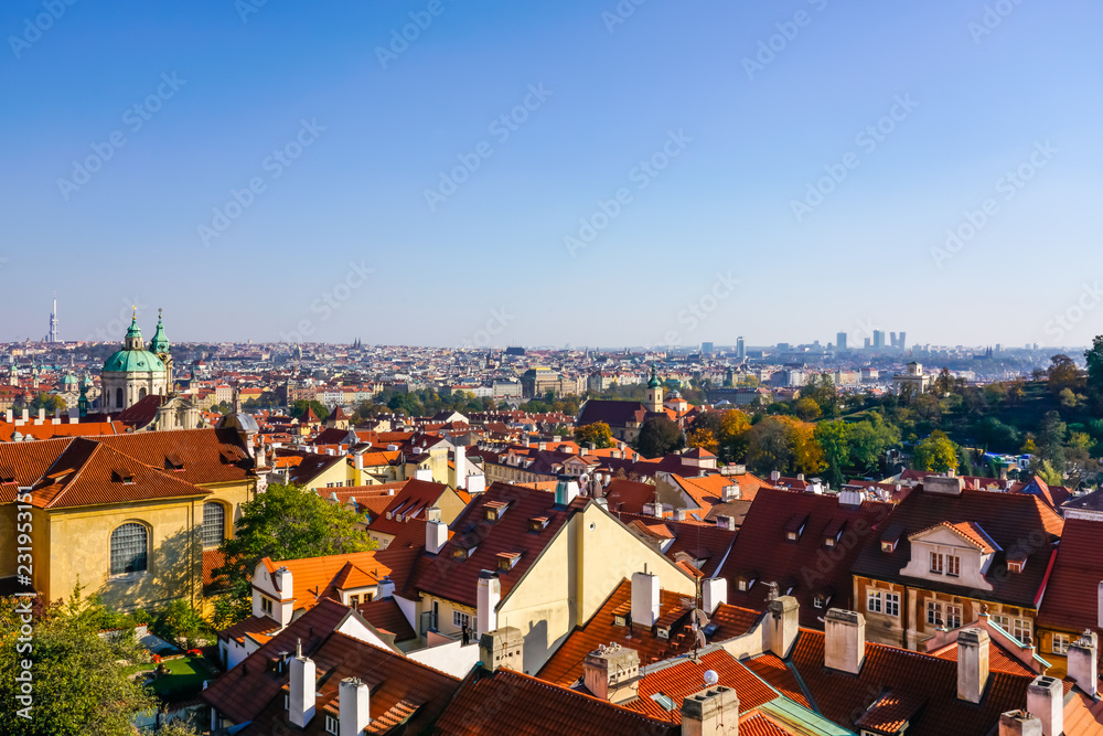 Rooftop View European City under Blue Sky 