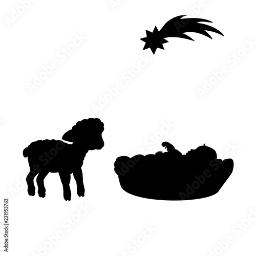 Christmas. Silhouette baby and lamb. Christmas star. Vector illustration