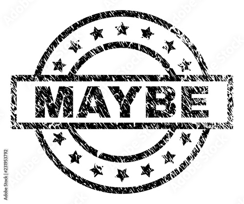 MAYBE stamp seal watermark with distress style. Designed with rectangle, circles and stars. Black vector rubber print of MAYBE label with unclean texture.