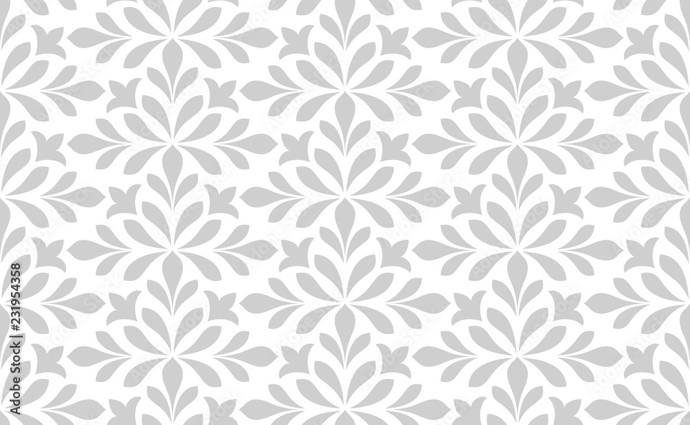 Flower geometric pattern. Seamless vector background. White and grey ornament. Ornament for fabric, wallpaper, packaging. Decorative print.