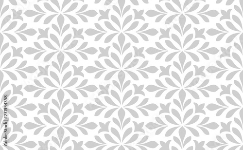 Flower geometric pattern. Seamless vector background. White and grey ornament. Ornament for fabric, wallpaper, packaging. Decorative print.