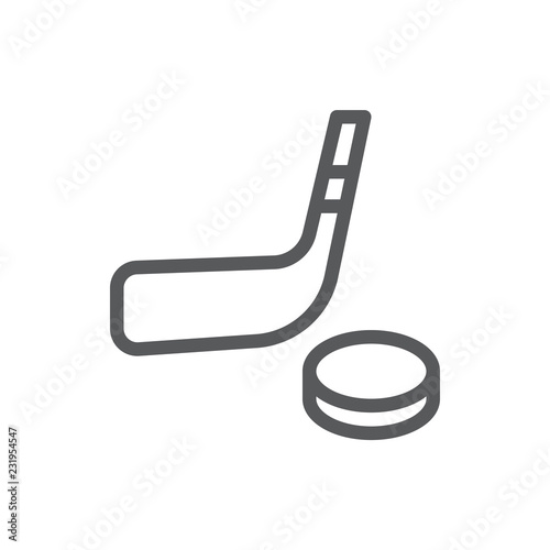 Hockey stick and puck line icon with editable stroke - outline symbol of winter sport equipment.
