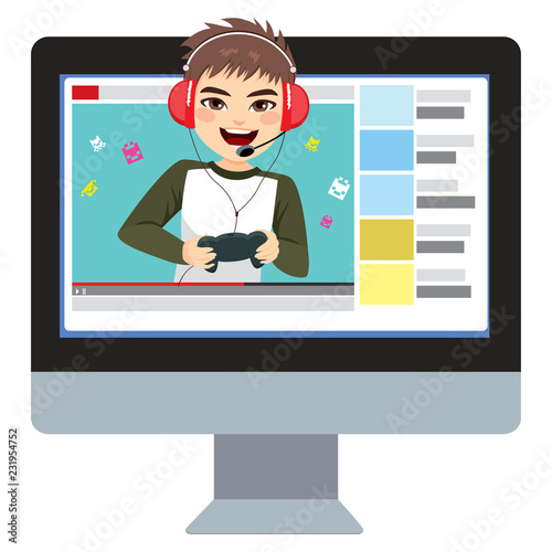 Young teenager gamer boy video games blogger 
