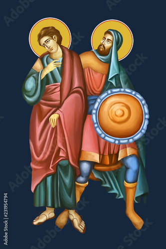 Figures of two saints. Part of Good Friday, Dies Passionis Domini. Illustration - fresco in Byzantine style photo