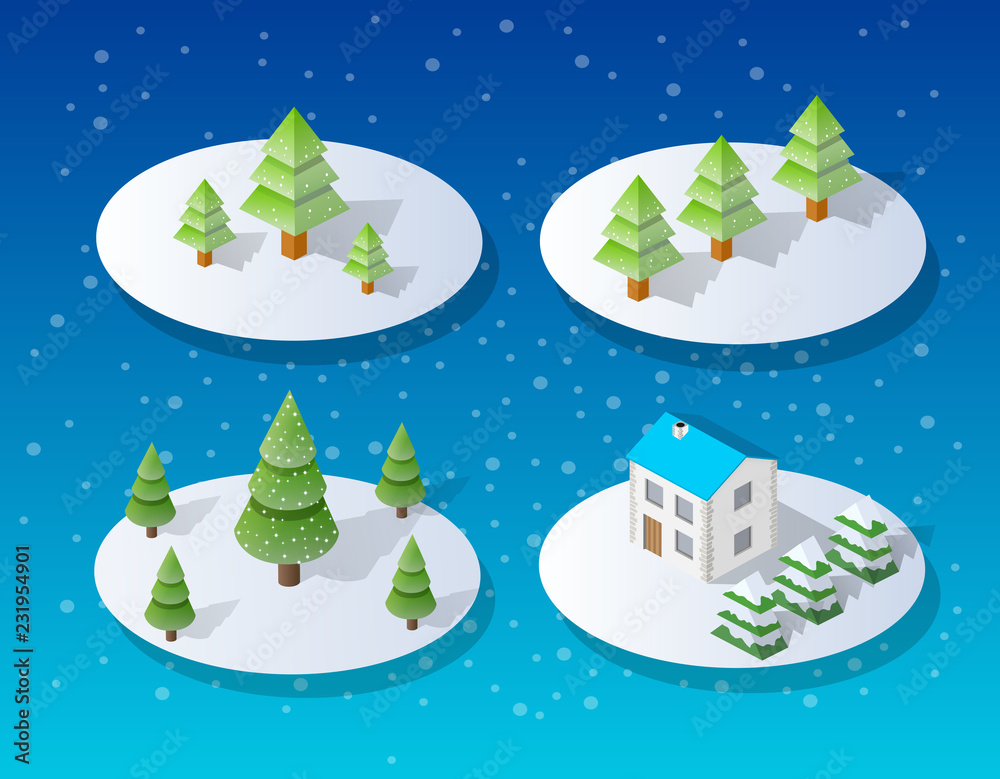 Christmas city isometric urban winter quarter in the snow and in snowflakes, snowstorms and the festive landscape of the New Year holidays