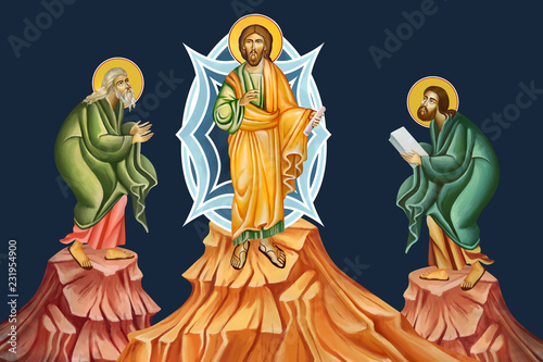 The Holy Transfiguration of our Lord God and Savior Jesus Christ. Illustration - fresco in Byzantine style. photo