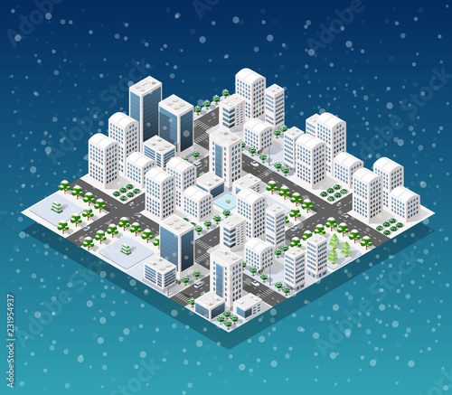 Christmas city isometric urban winter quarter in the snow and in snowflakes, snowstorms and the festive landscape of the New Year holidays