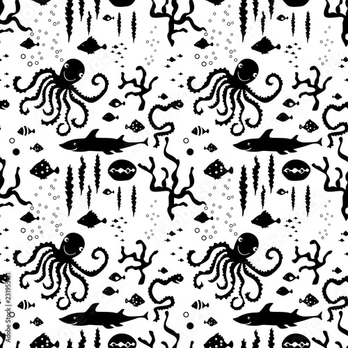 Seamless pattern of sea underwater creatures