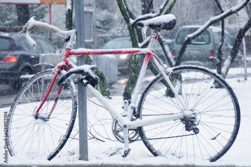 Snow in the bikcykle. Bad weather. Forecast