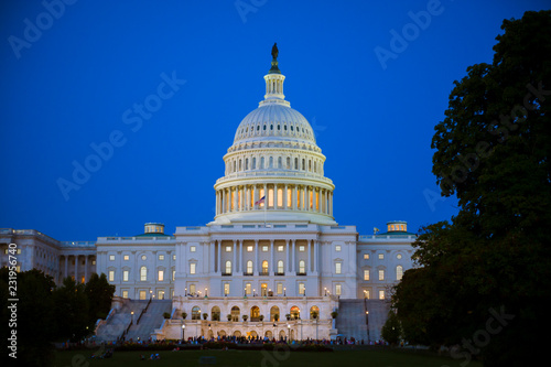Scenic evening view of the Capitol Building in the glowing dusk light of a summer evening in Washington DC, USA