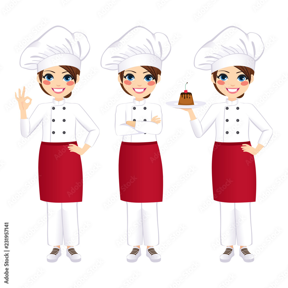 Young beautiful professional happy female chef holding delicious dessert and gesturing ok sign Young beautiful professional happy female chef holding delicious dessert and gesturing ok sign