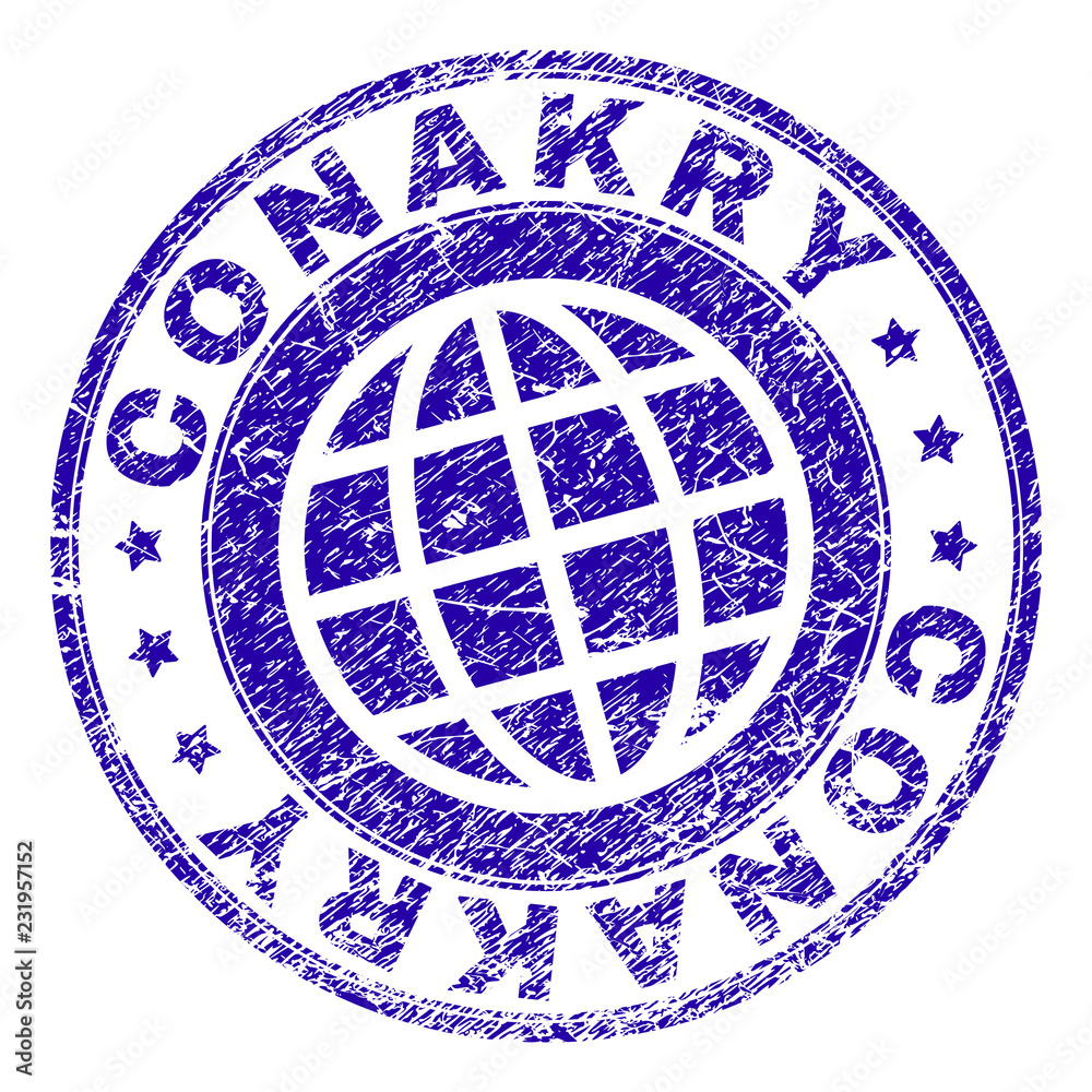 CONAKRY stamp print with grunge texture. Blue vector rubber seal print of CONAKRY label with unclean texture. Seal has words placed by circle and globe symbol.