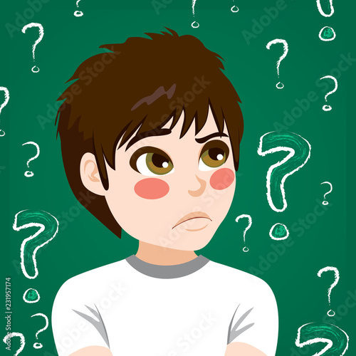 Young teenager boy doubting with green question marks background