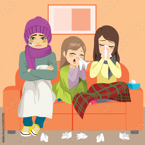 Young parents and daughter having flu wiping noses sitting on couch family together