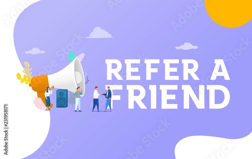 Refer a friend, people shout on megaphone with Refer a friend word concept vector illustration with character hand shake, landing page, template, ui, web, mobile app, poster, banner, flyer