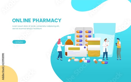 Pharmacist give advice and conceling medication to costumer at pharmacy vector illustration concept, can use for, landing page, template, ui, web, mobile app, poster, banner, flyer