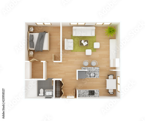 Floor plan top view isolated on white background. One bedroom one bath. Residential project 3D illustration. May be used for a graphic art, design or architectural illustration.