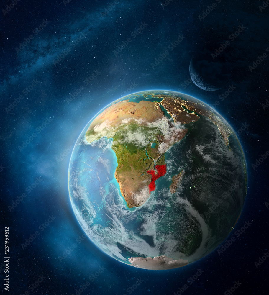 Mozambique from space on Earth surrounded by space with Moon and Milky Way. Detailed planet surface with city lights and clouds. Mozambique from space on Earth surrounded by space with Moon and Milky Way. Detailed planet surface with city lights and clouds.
