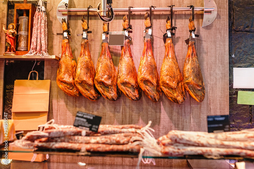 Traditional Spanish jamon ham for sale at the market