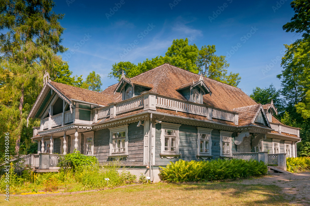 Historic manor house situated in Palace Park dating from 1845, the oldest building in Bialowieza town, Poland.