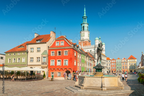 Orpheus statue and Town Hall on old market square, Poznan, Poland.