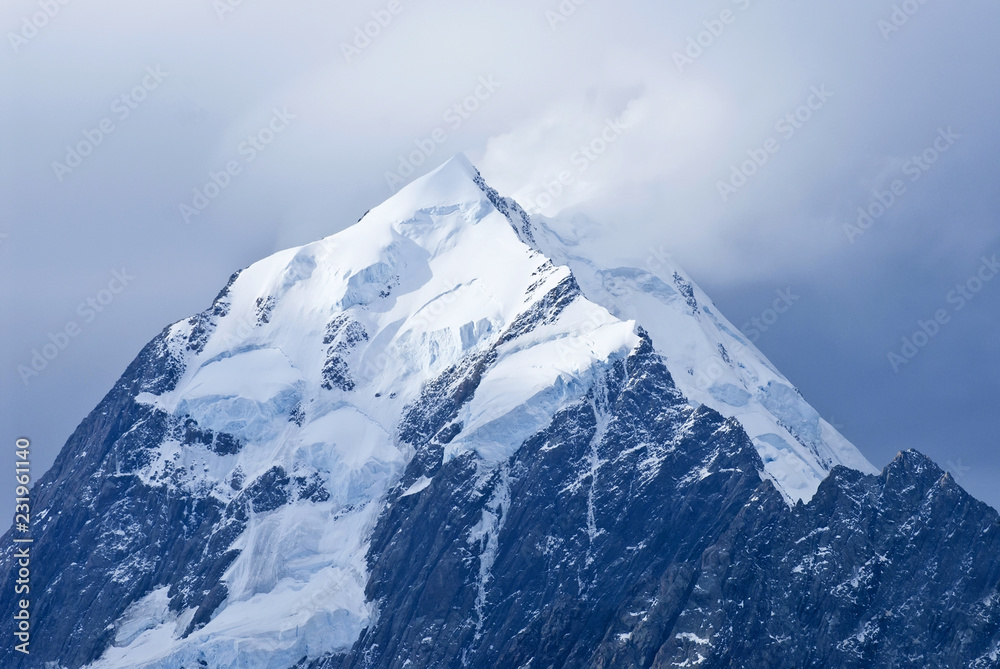 Mount Cook summit in Aoraki Mount Cook National Park, South Island, New Zealand.