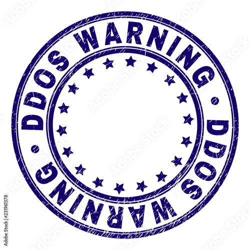 DDOS WARNING stamp seal watermark with distress texture. Designed with round shapes and stars. Blue vector rubber print of DDOS WARNING text with dust texture.