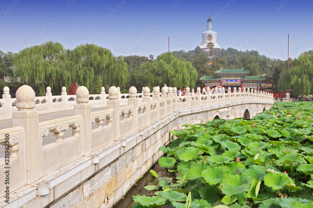 View of Jade Island with White Pagoda in Beihai Park Beijing, China.