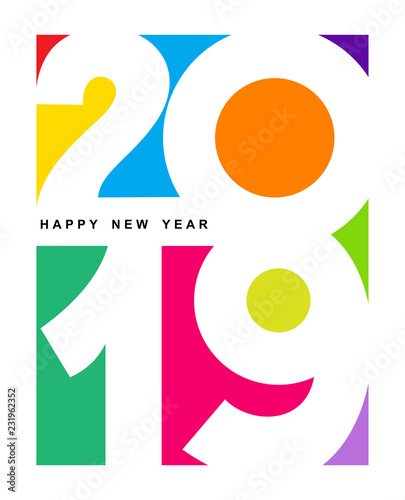 Happy New Year 2019 text colored design. Cover of business diary for 2019 with wishes. Brochure design template. Vector illustration. Isolated on white background.