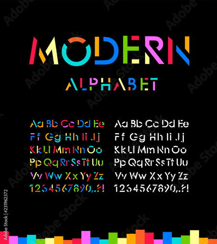 Modern stylized font and alphabet. Vector illustration. Isolated on black background.