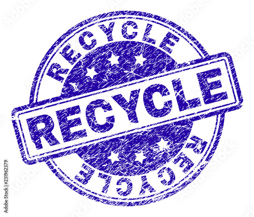 RECYCLE stamp seal watermark with distress texture. Designed with rounded rectangles and circles. Blue vector rubber print of RECYCLE title with corroded texture.