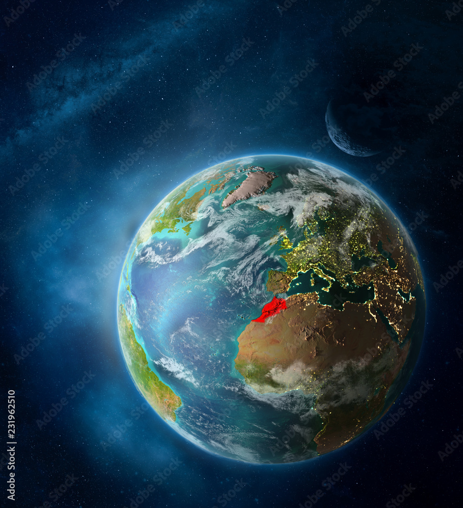 Morocco from space on Earth surrounded by space with Moon and Milky Way. Detailed planet surface with city lights and clouds. Morocco from space on Earth surrounded by space with Moon and Milky Way. Detailed planet surface with city lights and clouds.