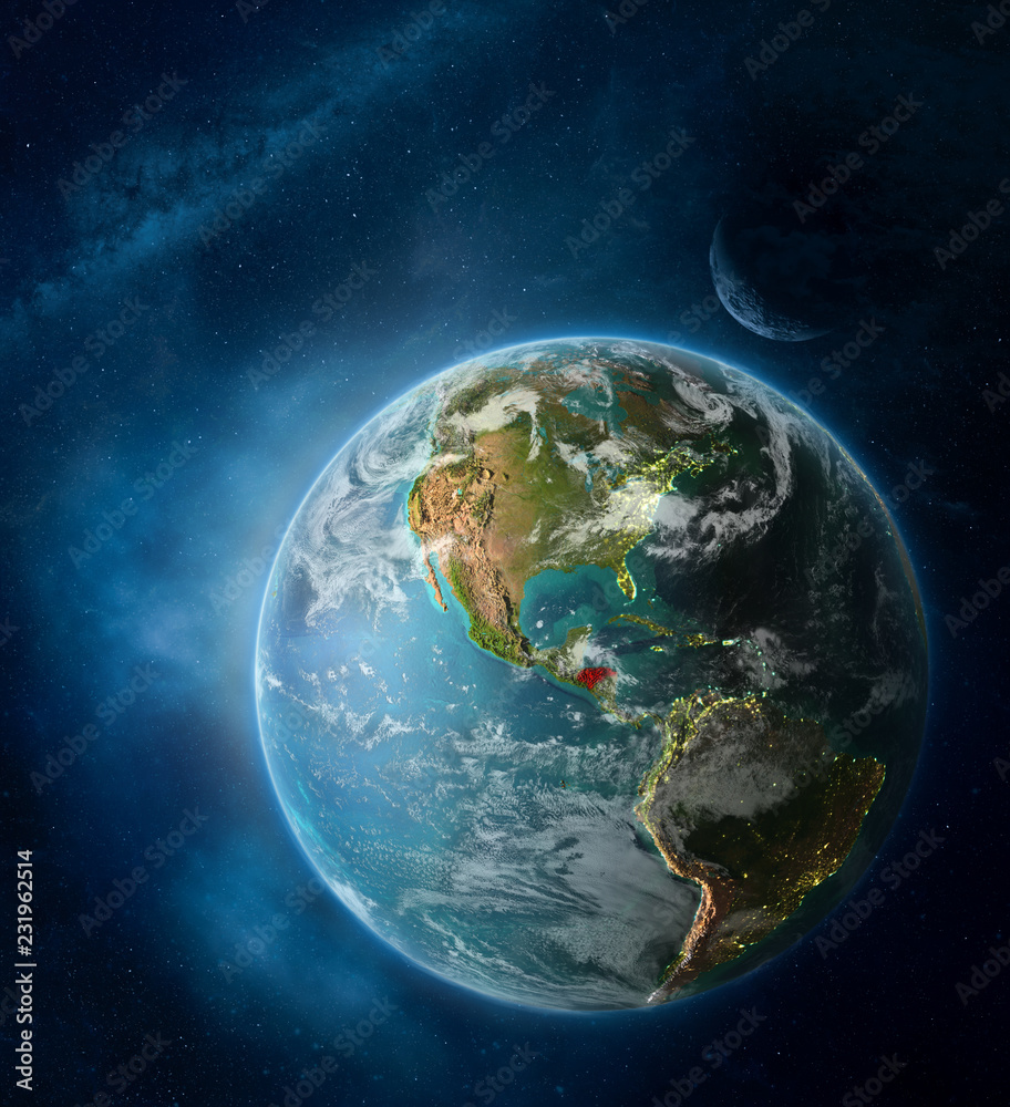 Honduras from space on Earth surrounded by space with Moon and Milky Way. Detailed planet surface with city lights and clouds. Honduras from space on Earth surrounded by space with Moon and Milky Way. Detailed planet surface with city lights and clouds.