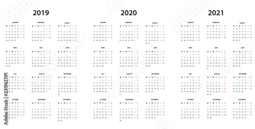  Calendar 2019, 2020 and 2021 - simple template