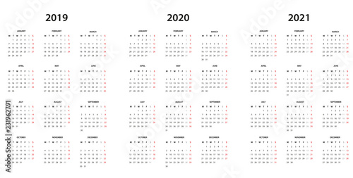  Calendar  2019, 2020 and 2021 - simple template