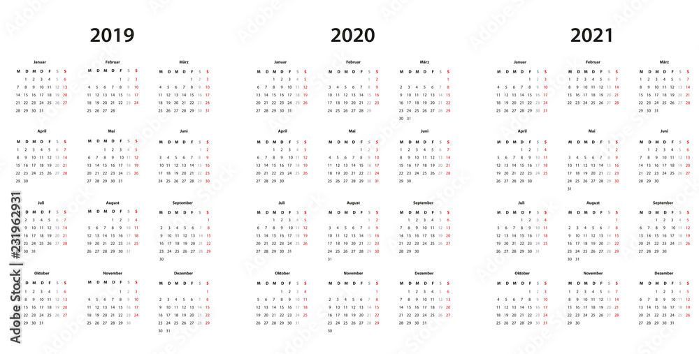 Kalender 2019 , 2020, 2021 Kalender Einfache Vorlage, Deutsch Stock Vector  | Adobe Stock
