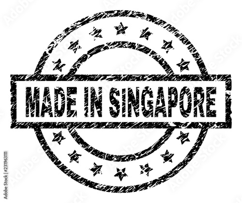 MADE IN SINGAPORE stamp seal watermark with distress style. Designed with rectangle, circles and stars. Black vector rubber print of MADE IN SINGAPORE title with dirty texture.