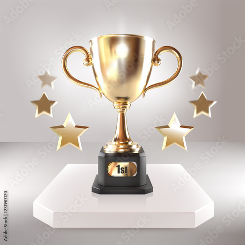 Golden champion cup with stars. Vector realistic 3d illustration. Championship trophy. Sport tournament award. Victory concept