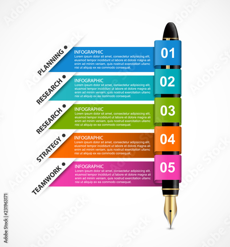 Business infographics template. Ink pen with colored ribbons. Infographics for business presentations or information banner.