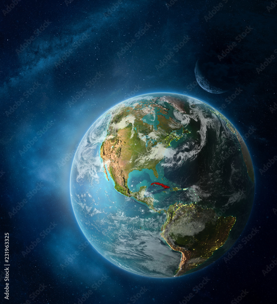 Cuba from space on Earth surrounded by space with Moon and Milky Way. Detailed planet surface with city lights and clouds. Cuba from space on Earth surrounded by space with Moon and Milky Way. Detailed planet surface with city lights and clouds.